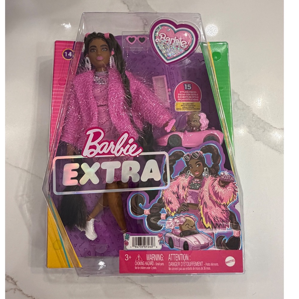 Barbie Extra Doll 14 Fuzzy Pink Coat Pet Puppy in Car Mattel HHN06 New NIB